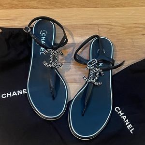 CHANEL | Casual Style Plain Leather Elegant Style Logo Strap Sandals